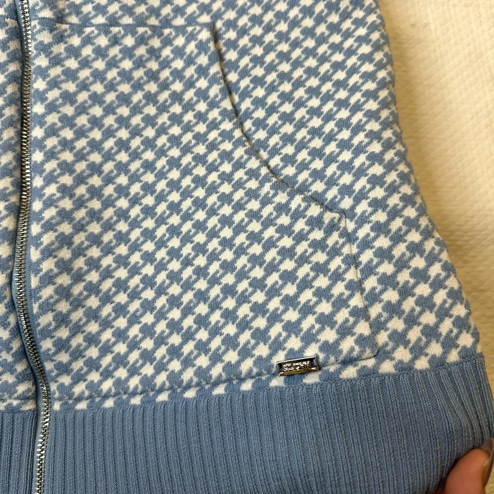 ST.JOHN Houndstooth Zip-up Wool Blended Cardigan Knit - Light Blue SMALL - Picture 7 of 7